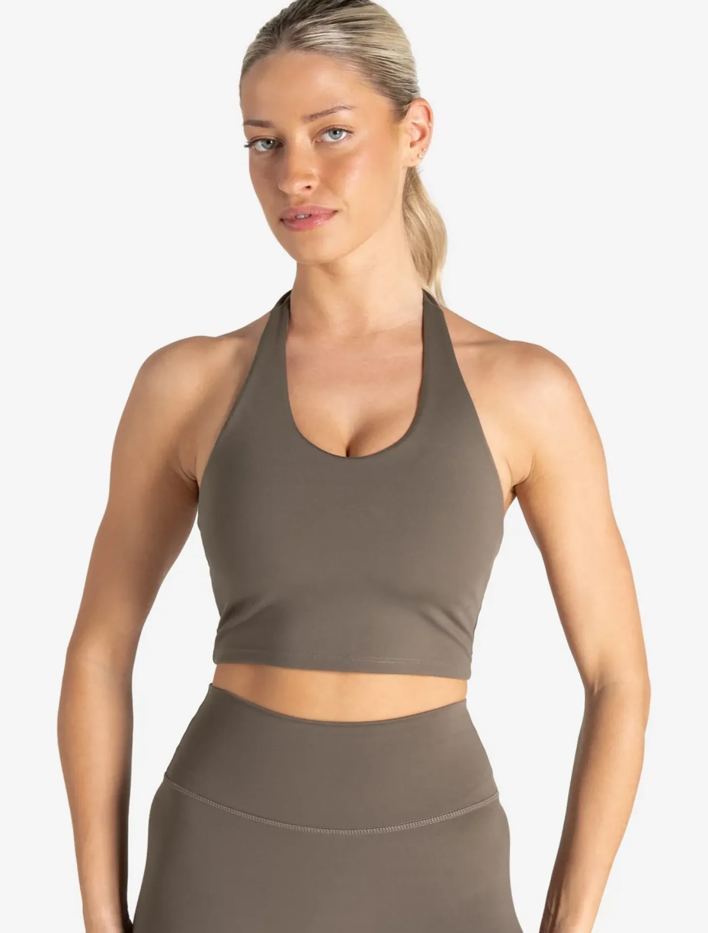 Allure Halter Built-in Bra Crop Top Taupe