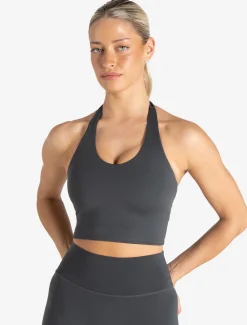 Allure Halter Built-in Bra Crop Top Storm Grey