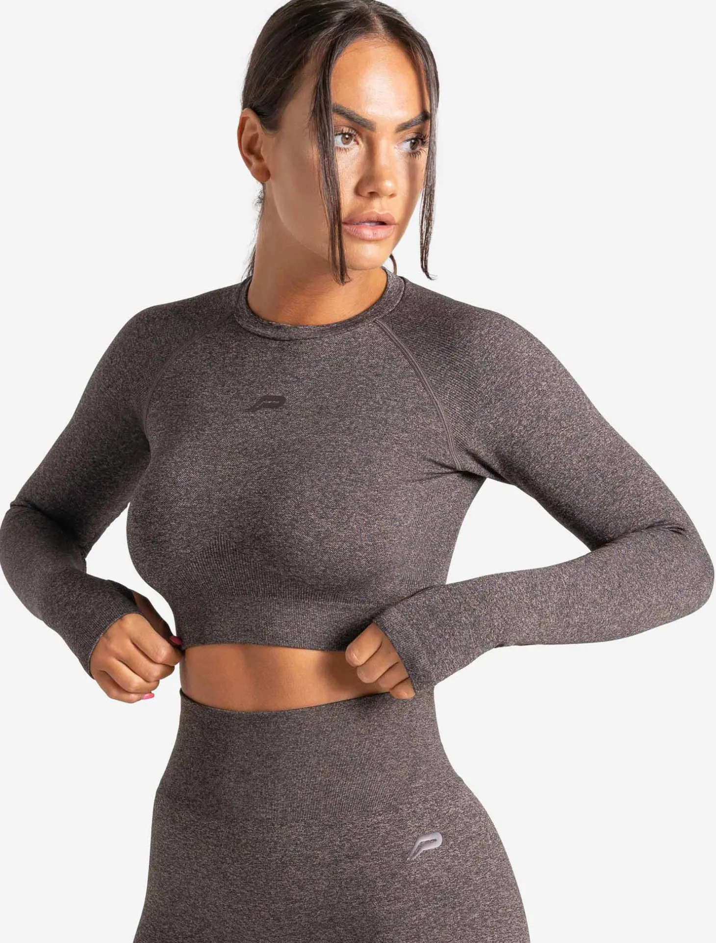 Core Seamless Long Sleeve Crop Top Brown Marl